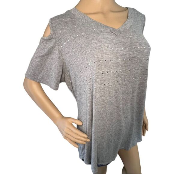 Belldini Short Sleeve V-Neck Blouse With Exposed Shoulder and Sequins - Picture 1 of 5